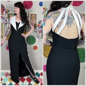 Vintage 1990s Black and White Sleeveless Tuxedo Gown